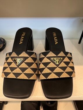 Prada Black and Natural Triangle-Pattern Mules